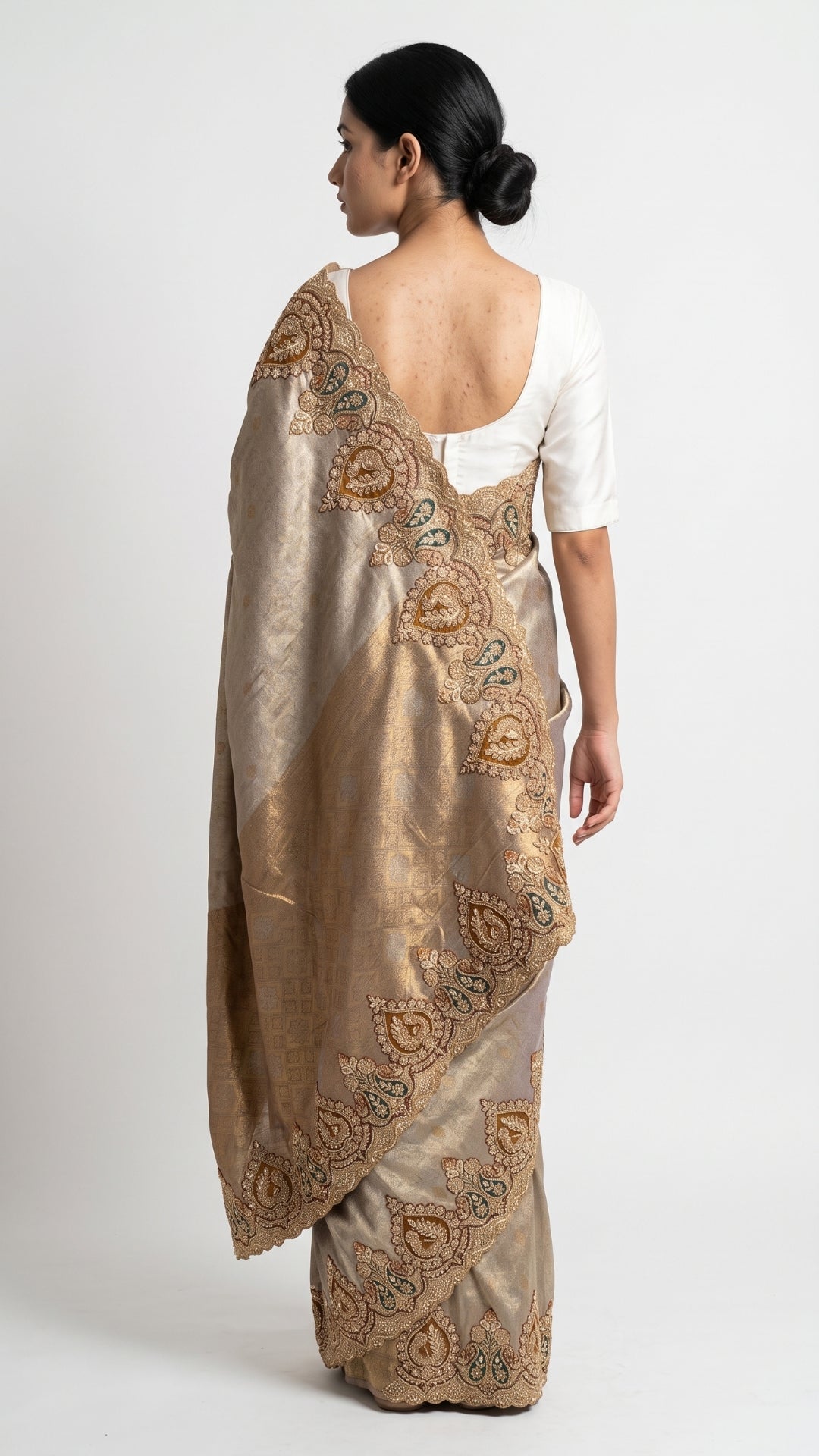 Golden Ivory Tissue Unstitched Saree with Zardozi, Pearl, Sequins & Dabka Work
