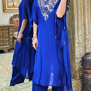 Blue Chinon Indowestern Kaaftan and Bottom with Cutdana,Sequins and Thread Work