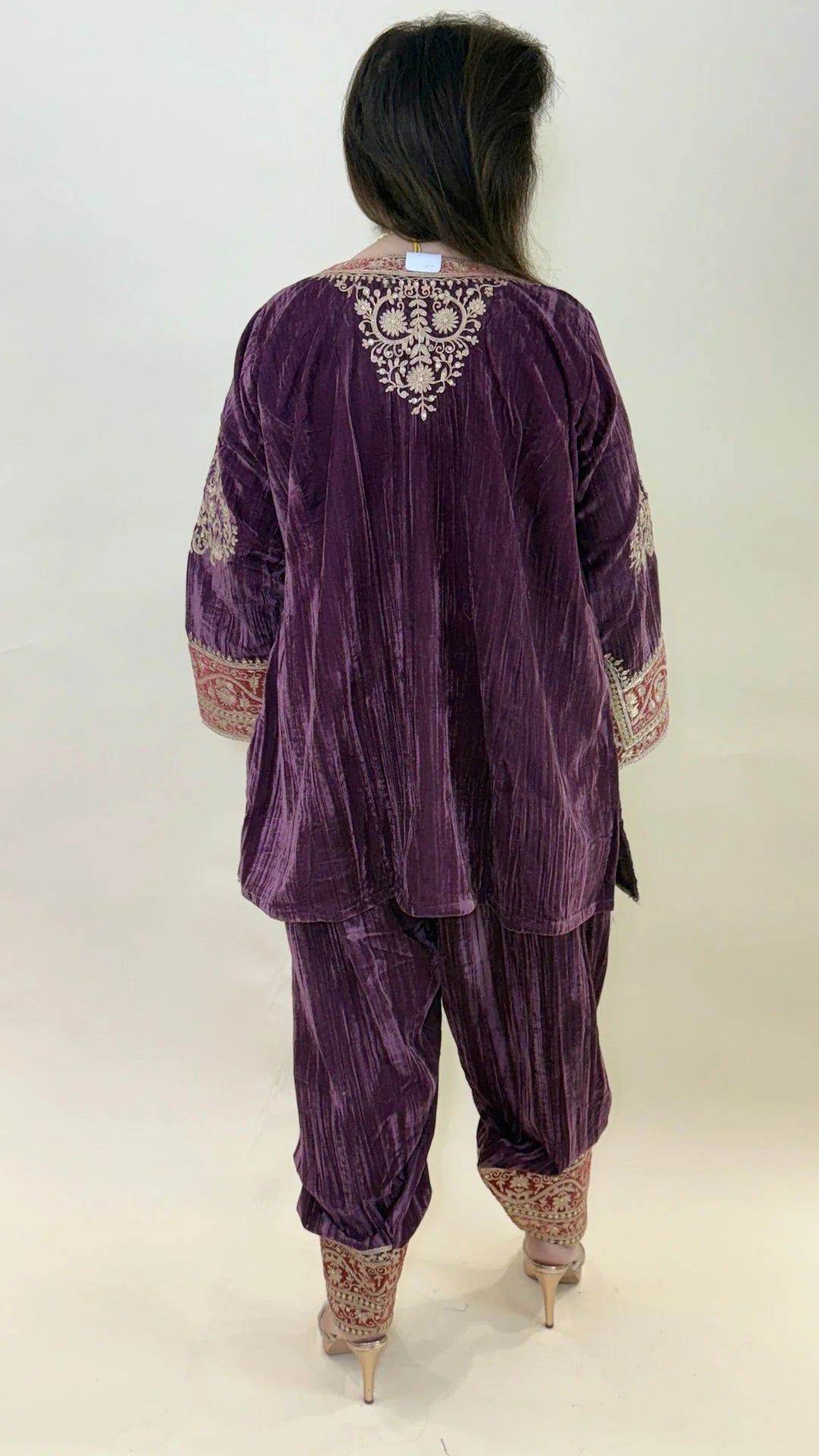 Plum Purple Wrinkled Velvet Embroidered Top with Salwar