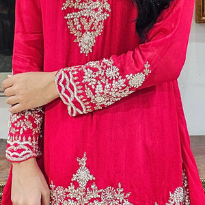 Red Chinon Indowestern Top and Pleated Bottom with Dabka,Sequins and Cutdana Work