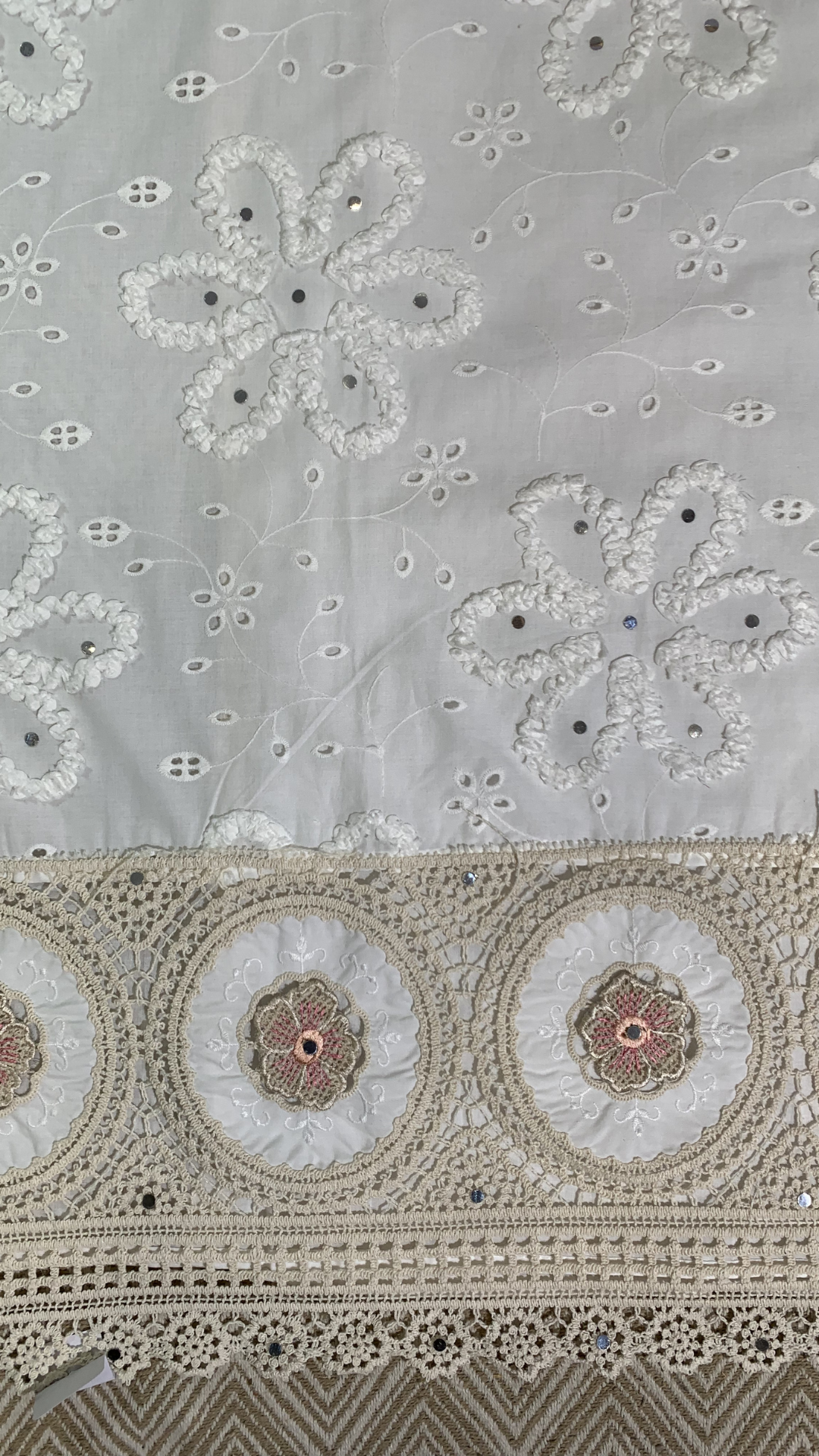 White Mul Cotton Chikankari Fabric Unstitched Suit Lace Mirror Work