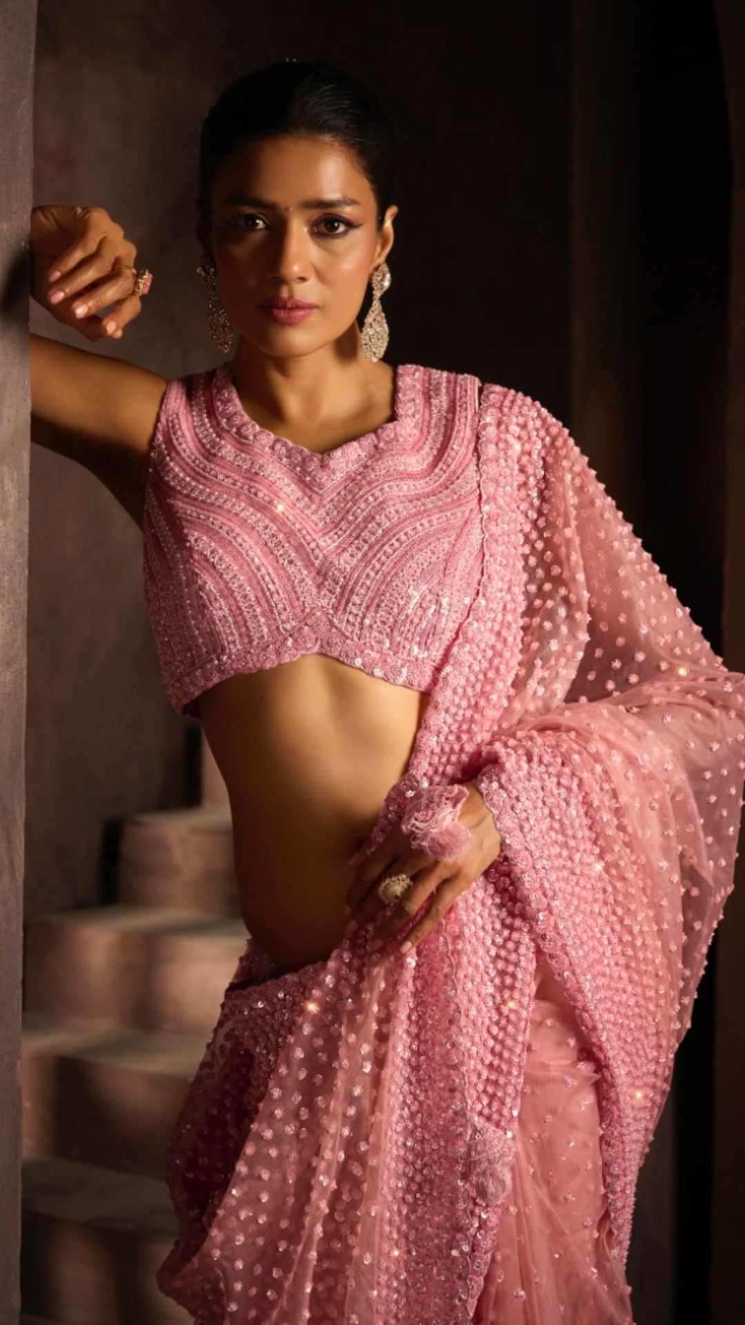 Pink Saree With Beads, Sequins and Moti Work