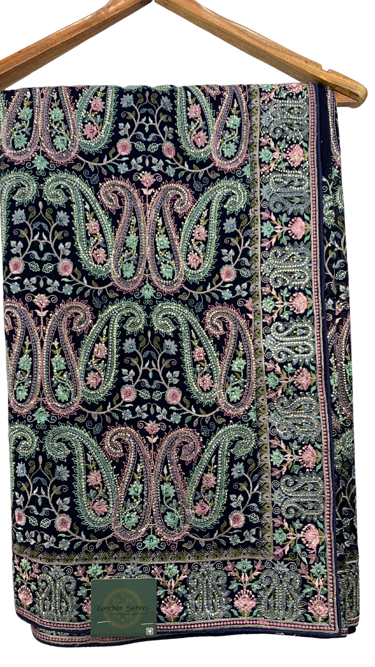 Navy Blue Georgette Saree with Unstitched Blouse and Kashmiri Work