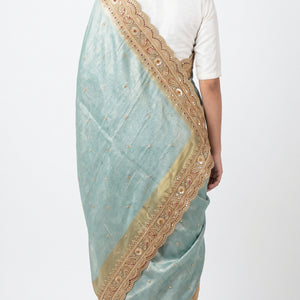 Ice Blue Brocade  Unstitched Saree with Sequins, Pearl, Zari & Cut Dana Work