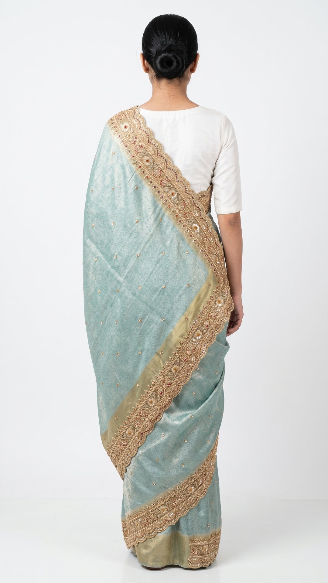 Ice Blue Brocade  Unstitched Saree with Sequins, Pearl, Zari & Cut Dana Work