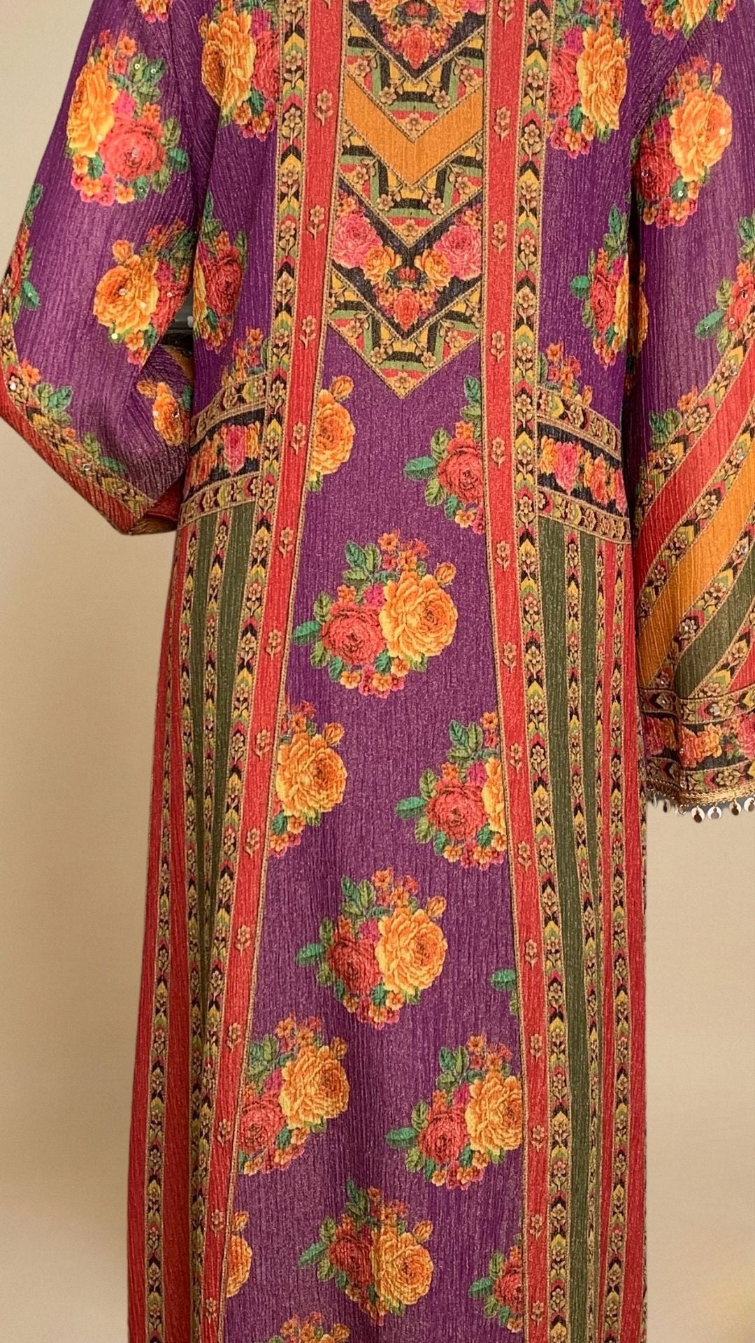 Purple Wrinkle Tissue Digital Printed Suit with Mirror Detailing and Palazzo