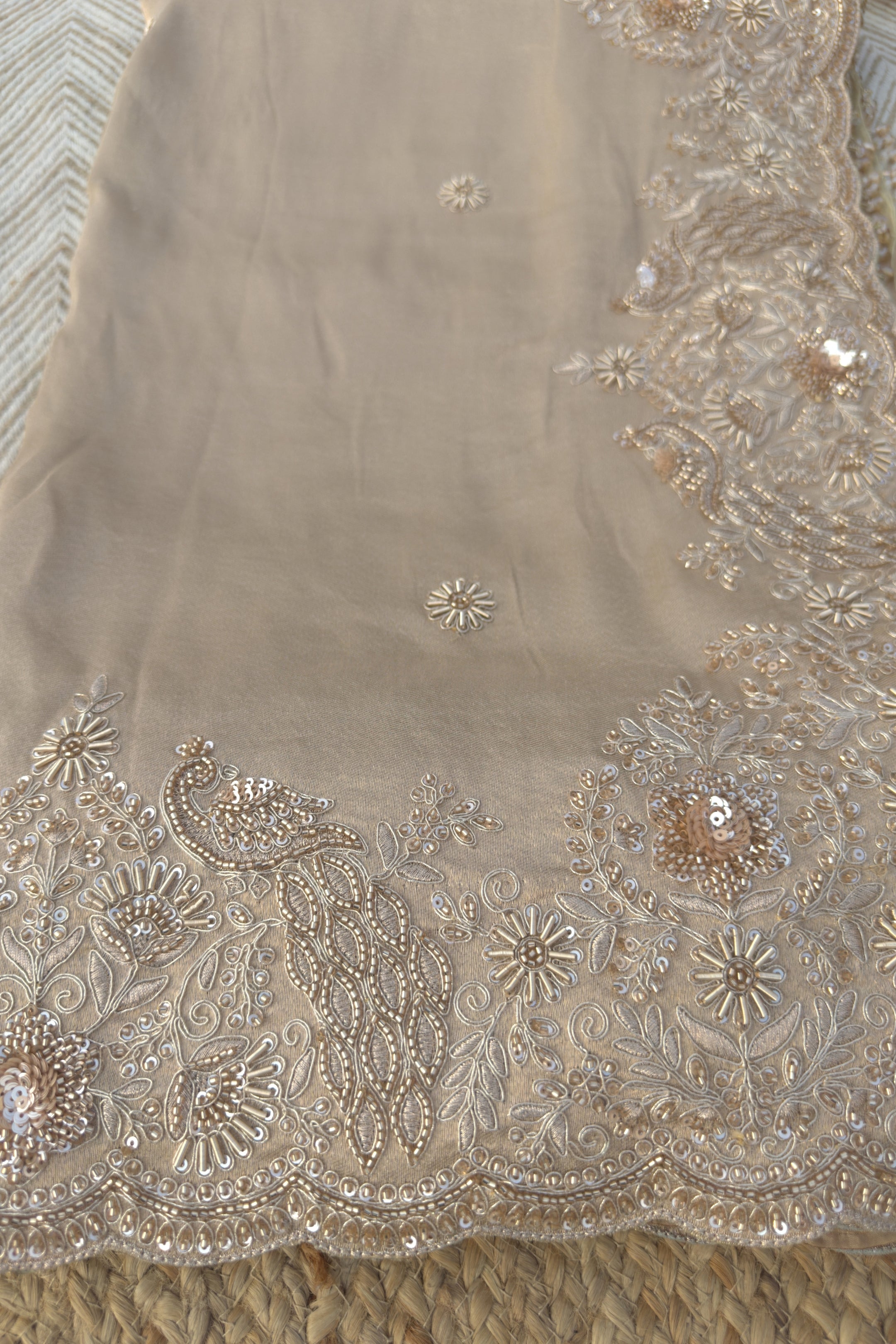 Fawn Tissue Saree Embellished With Zari, Sequins & Cut Dana Work