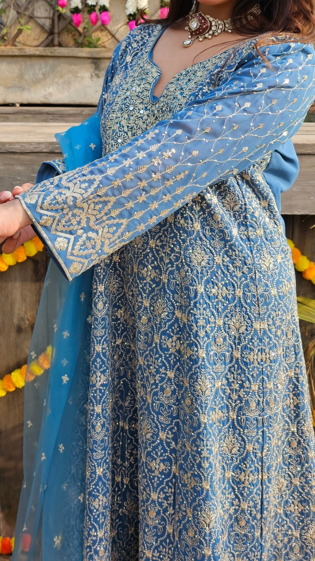 Blue Georgette Indo-Western with Zari, Sequin, Stone & Mirror Work