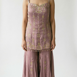 Tissue Crepe Indowestern Top,Bottom and Dupatta with Cutdana and Sequins Work