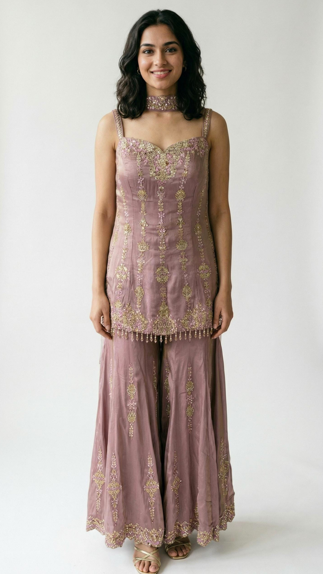 Tissue Crepe Indowestern Top,Bottom and Dupatta with Cutdana and Sequins Work