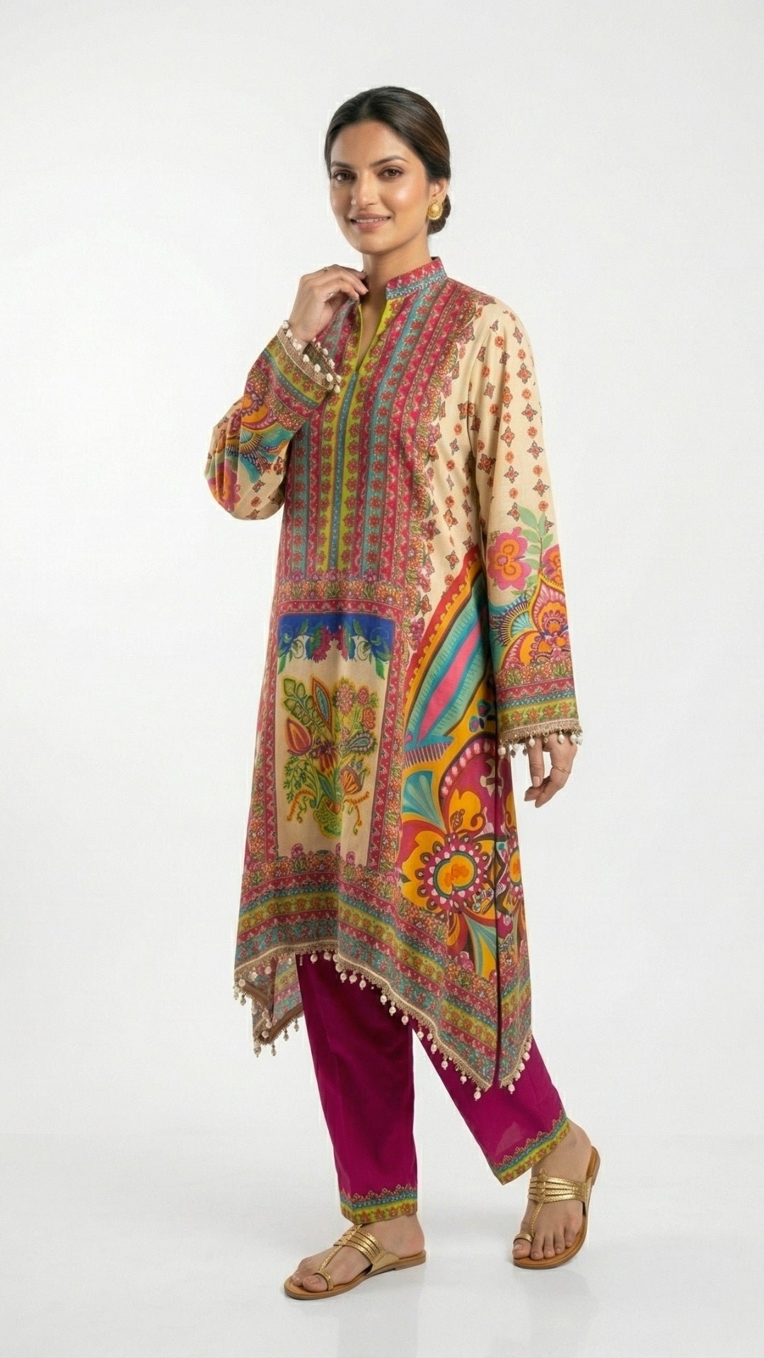 Multicolour Muslin Crepe Coord Set with Digital Print & Mirror Work