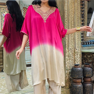 Ombre Pink Satin Crepe Indowestern Kaaftan and Bottom with Gota and Pearl Work