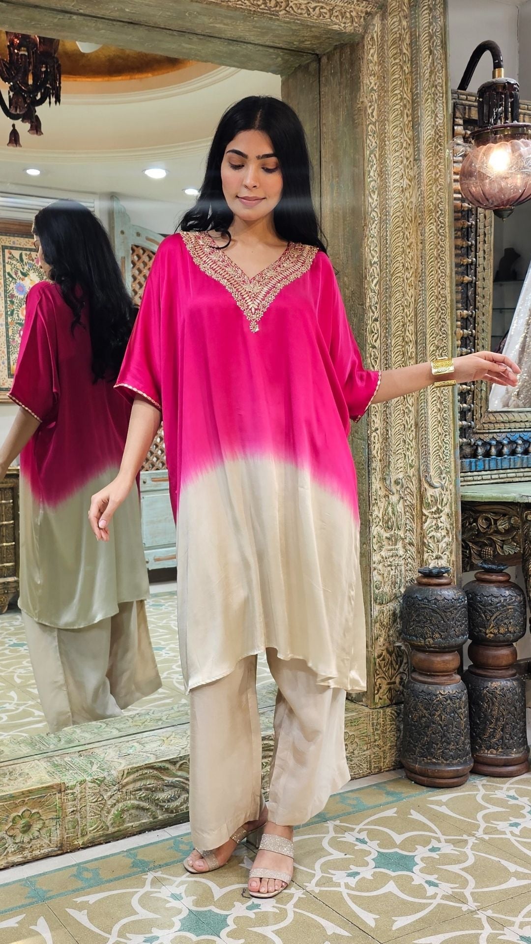 Ombre Pink Satin Crepe Indowestern Kaaftan and Bottom with Gota and Pearl Work