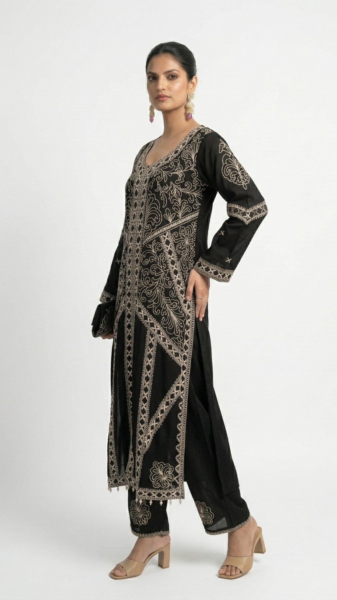 Black Chinon Suit Set with Thread Work Detailing