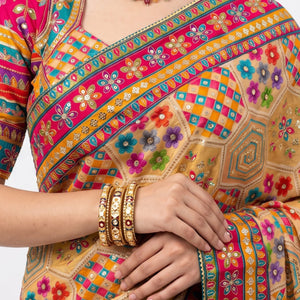 Multicolour Digital Printed Silk Ready Made Saree Embellished With Zari & Sequins Work