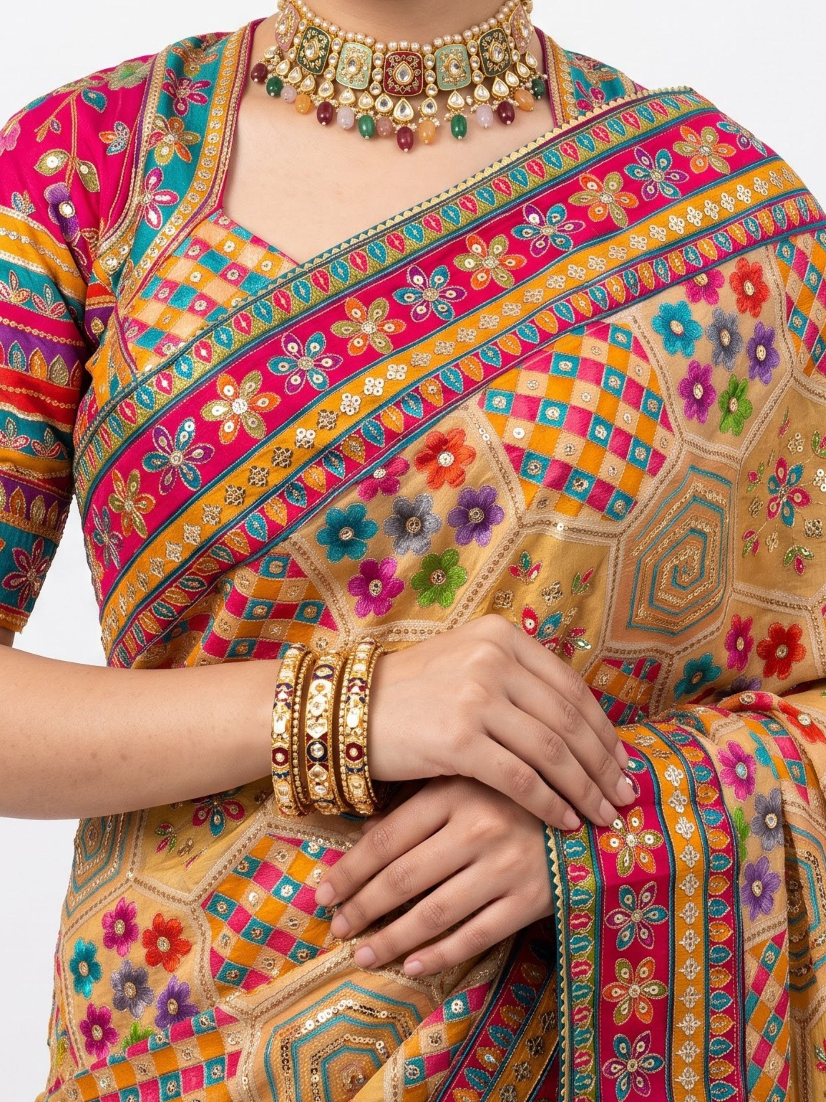Multicolour Digital Printed Silk Ready Made Saree Embellished With Zari & Sequins Work
