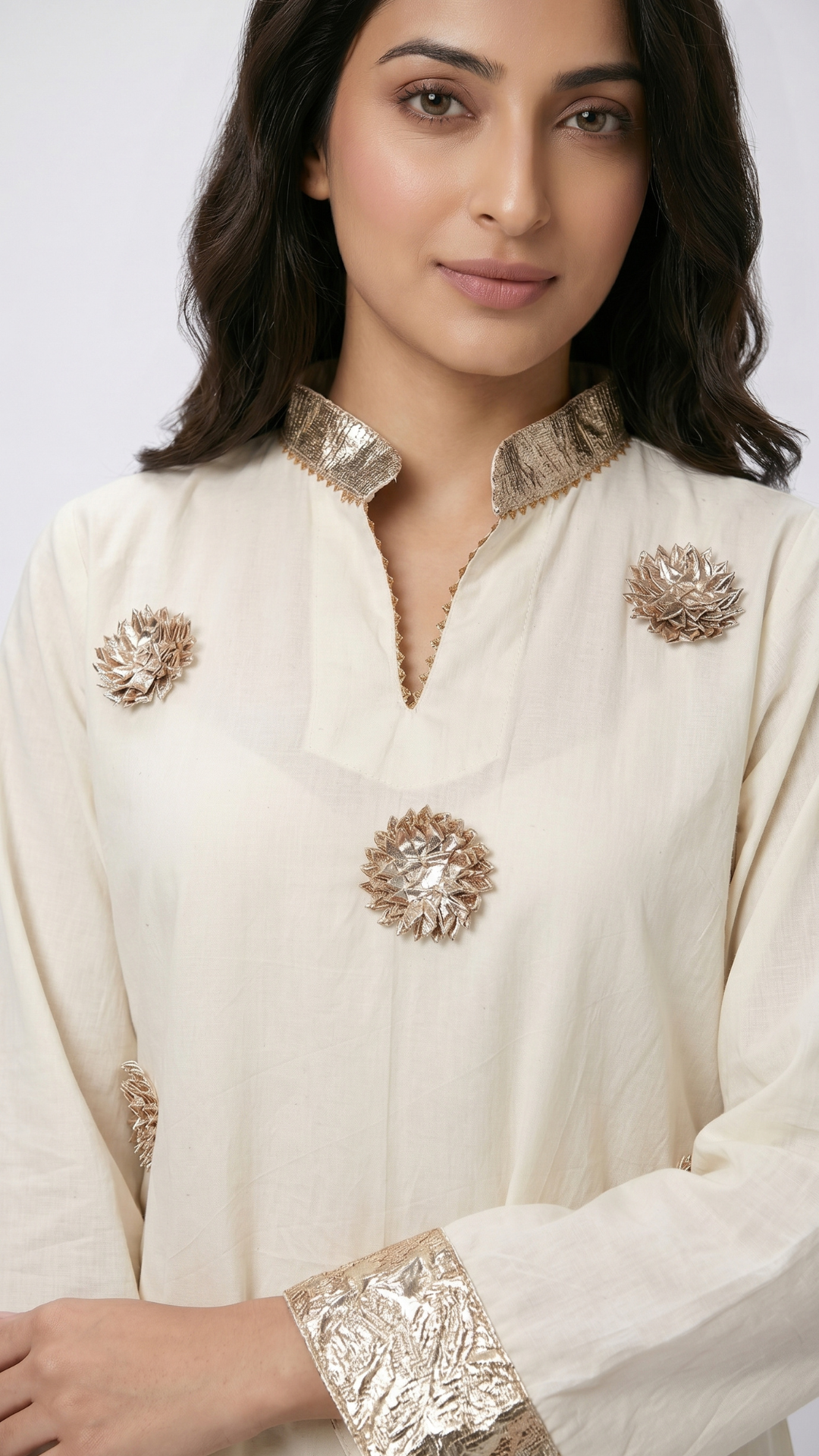 White Cotton Coord Set with Golden Gota Work