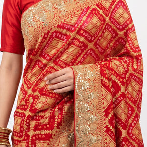 Red Pure Georgette Bandhej Unstitched Saree with Gota, Dabka & Dori Work