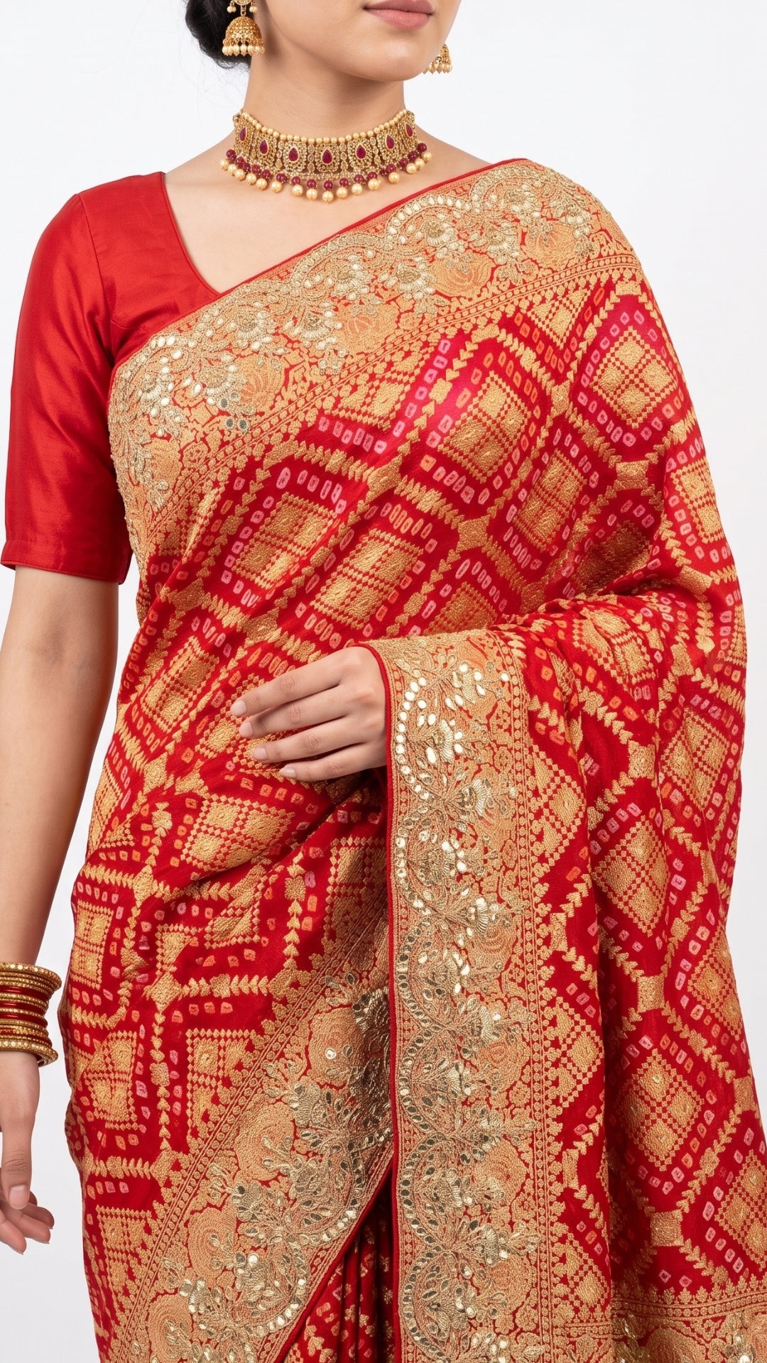 Red Pure Georgette Bandhej Unstitched Saree with Gota, Dabka & Dori Work