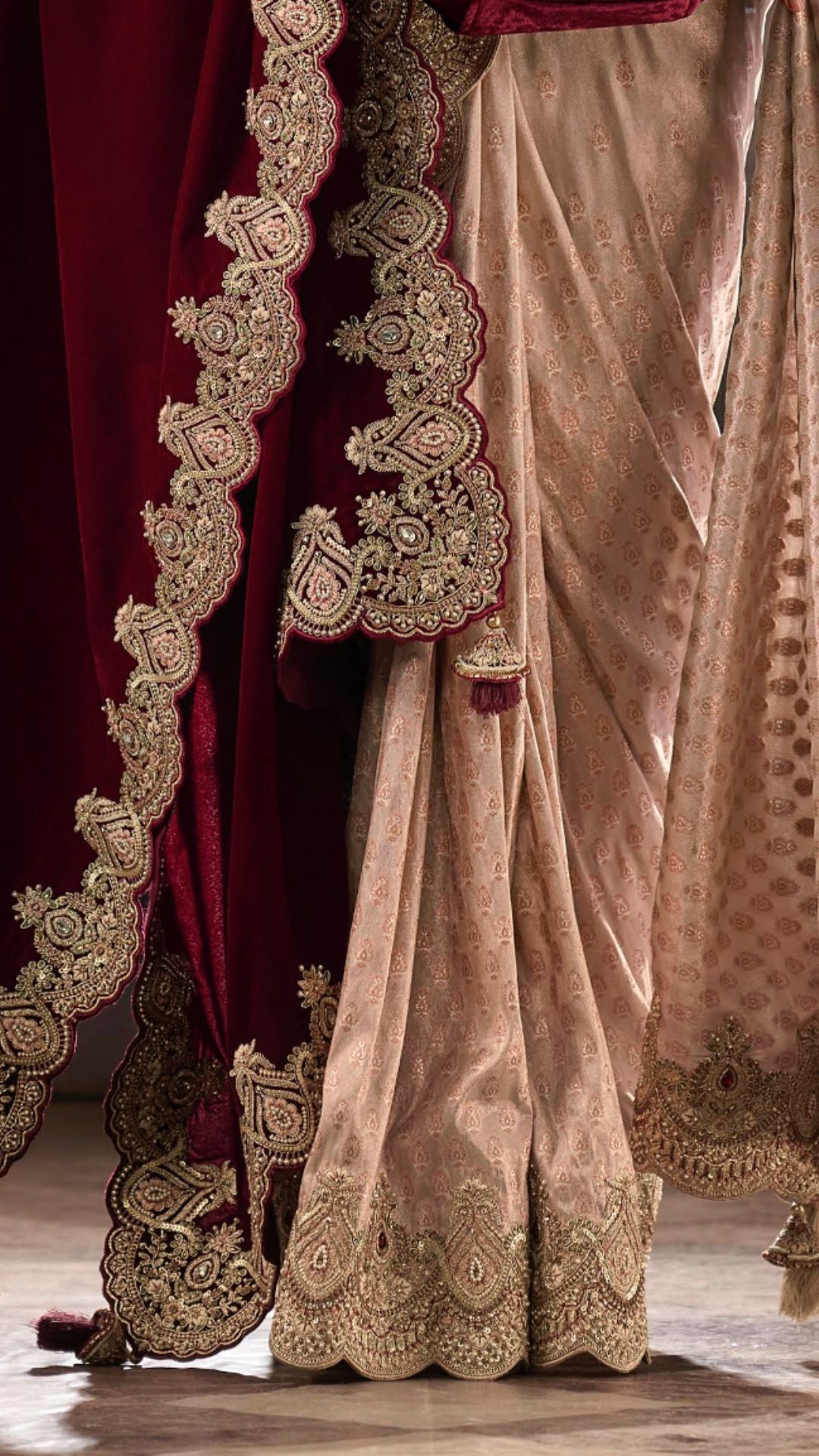 Peach Kanjivaram Silk Saree with Zardosi Work and Velvet Dupatta