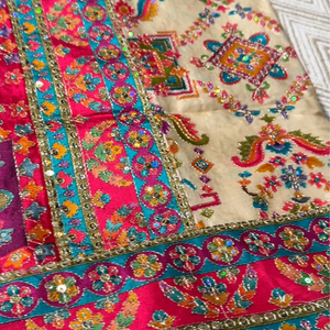 Cream Digital Printed Silk Ready Made Saree Embellished With Sequins & Zari Work