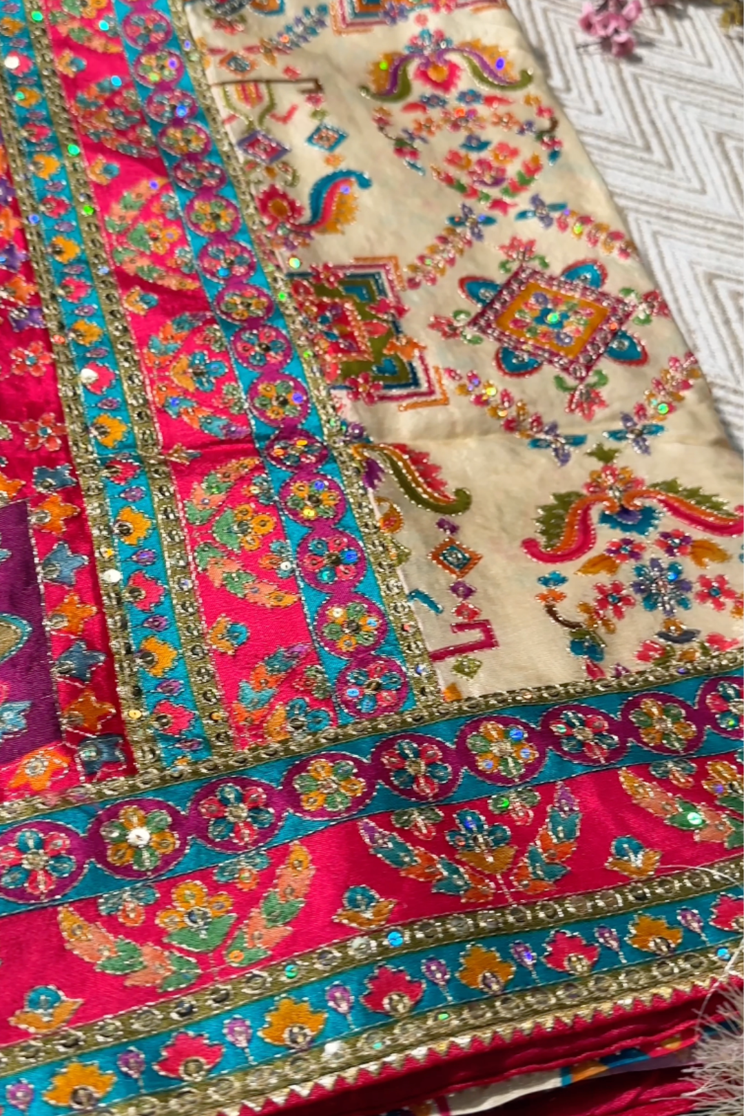 Cream Digital Printed Silk Ready Made Saree Embellished With Sequins & Zari Work