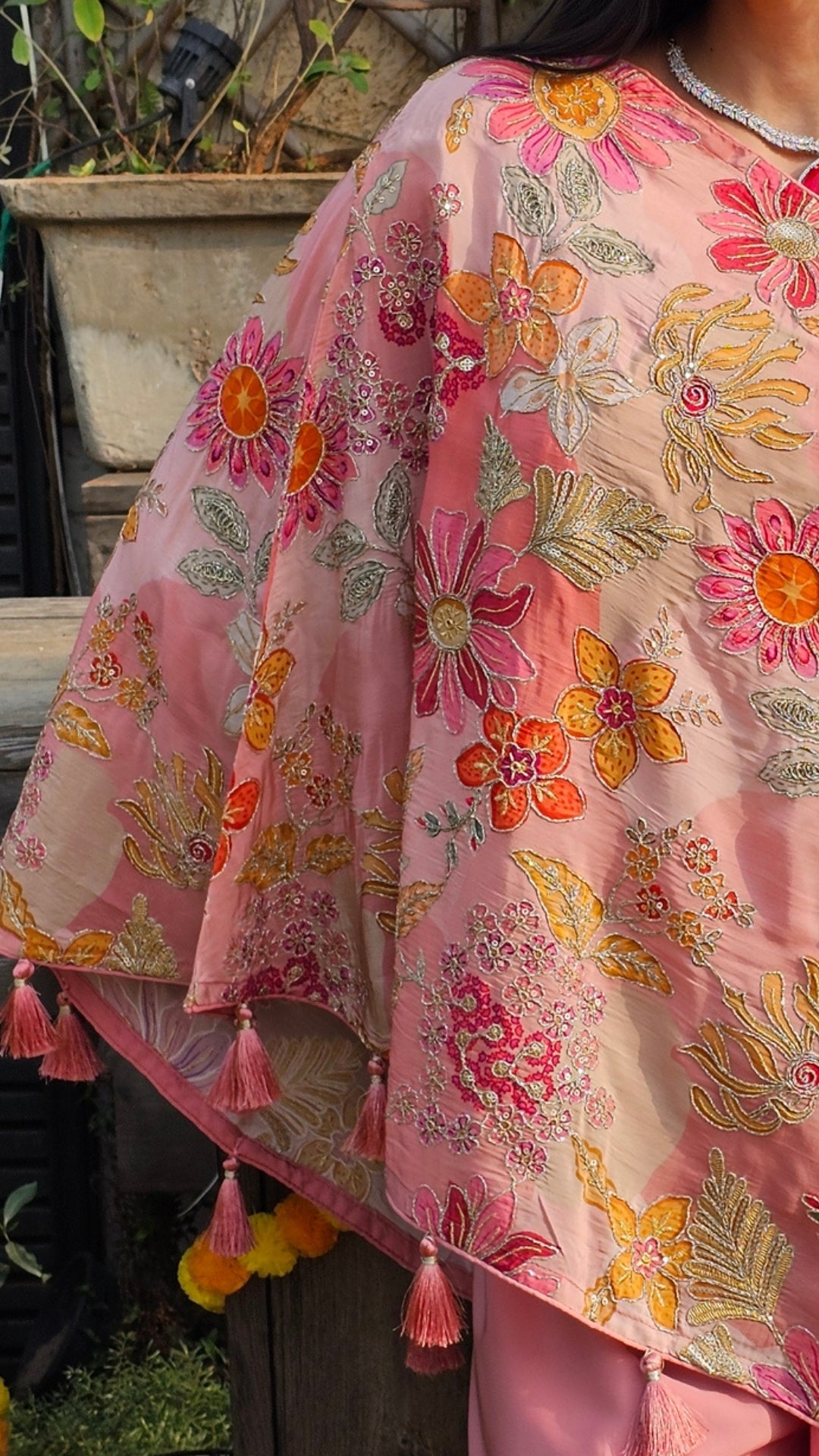 Pink Crepe Indo-Western with Zari, Sequin & Hand Print