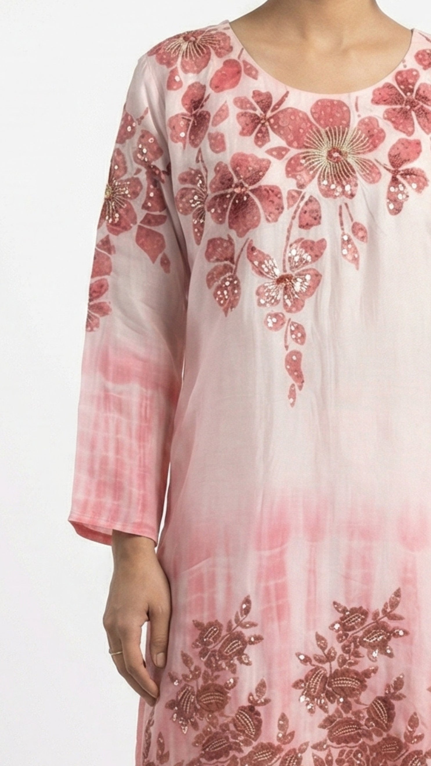 Pink Satin Crepe Coord Set with Sequins, Hand Print, Zari & Stone Detailing
