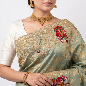 Sage Green Pure Tissue Banarasi Unstitched Saree with Sequins, Zari, Moti & Dori Work