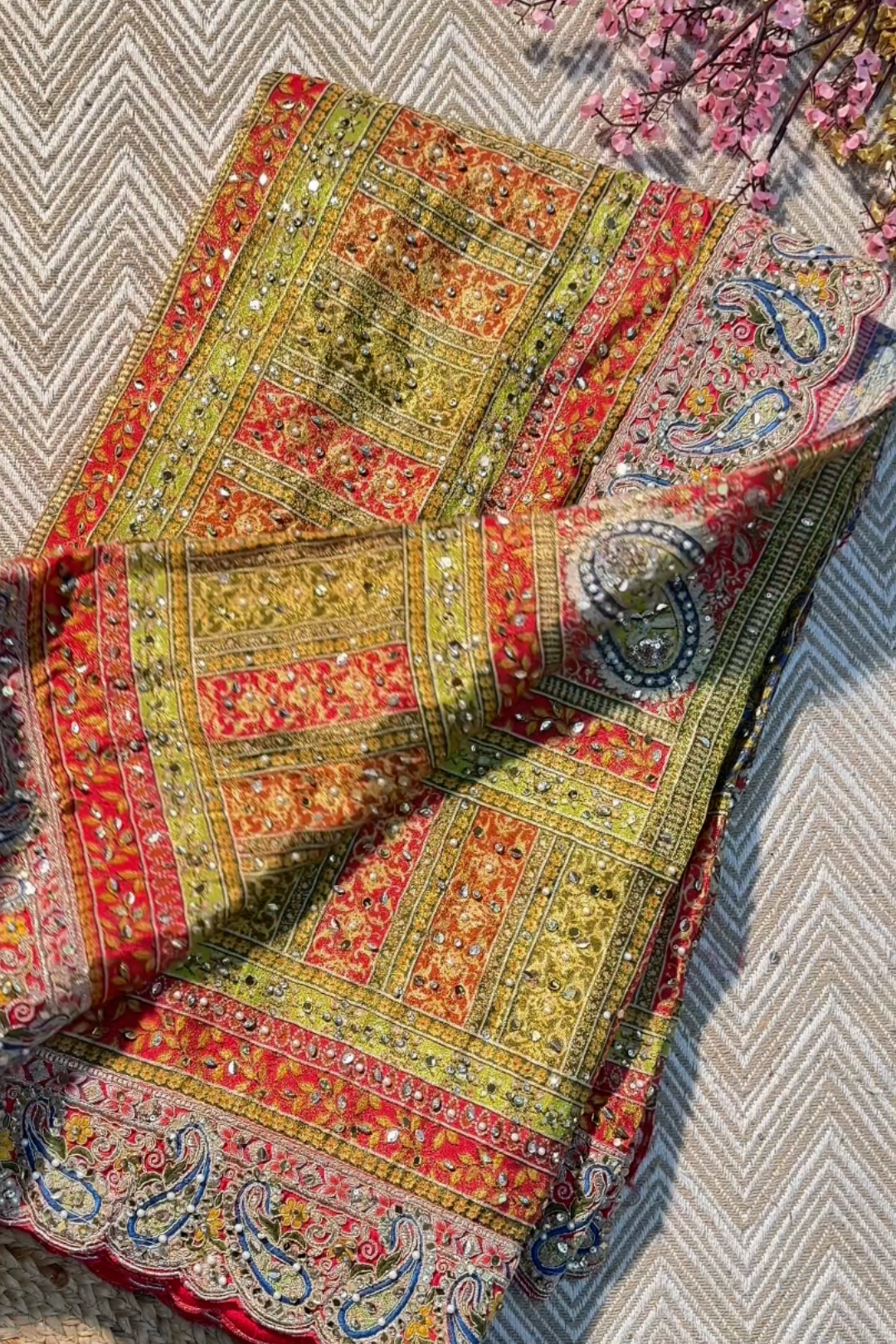 Beautiful Multicolour Tissue Saree Embellished With Kundan, Sequins & Cut Dana Work