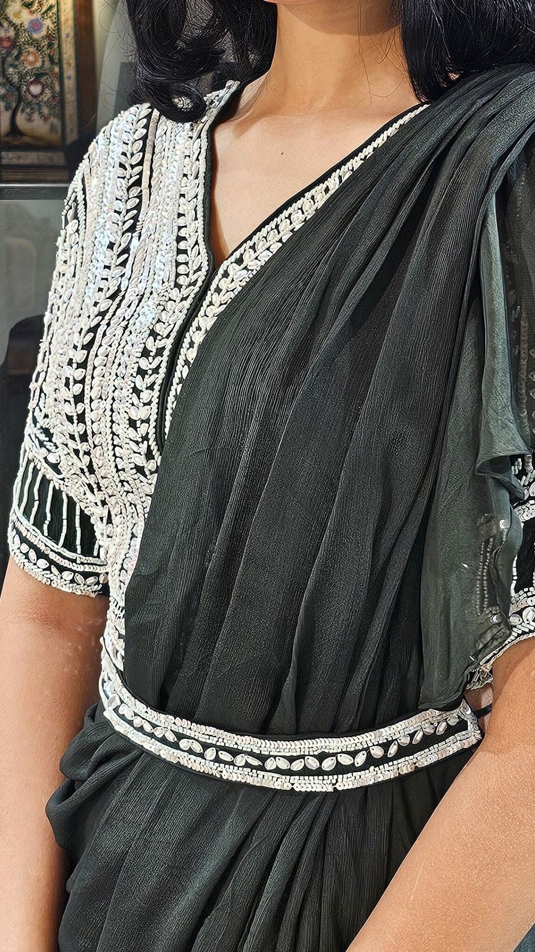 Olive Green Chinon Indowestern with Sequins and Pearl Work