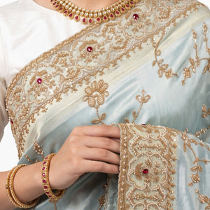 Sky Blue Tissue Unstitched Saree Embellished With Sequins, Cutdana, Moti & Stone Work