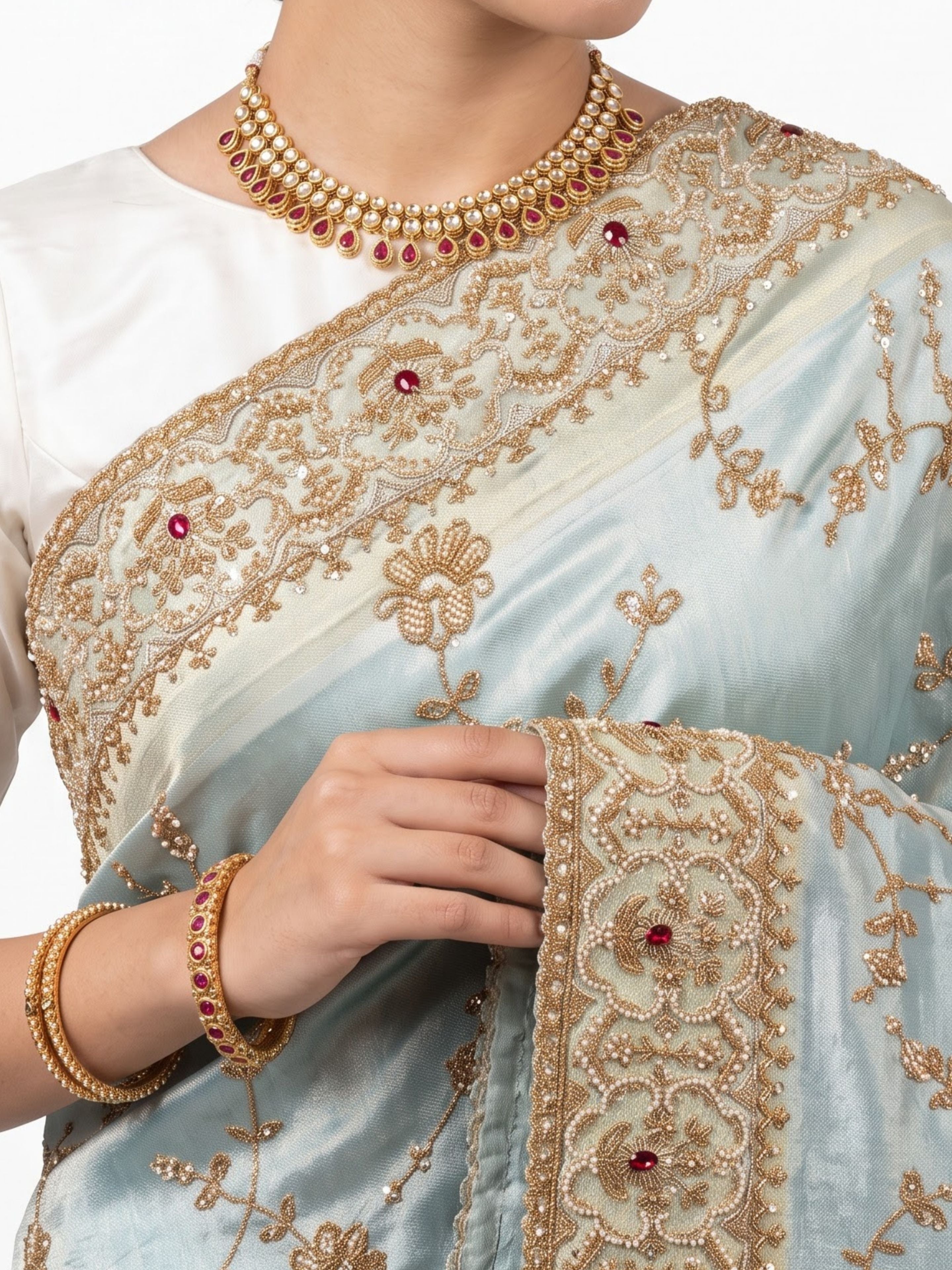 Sky Blue Tissue Unstitched Saree Embellished With Sequins, Cutdana, Moti & Stone Work