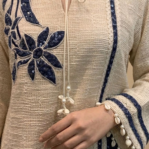 Blue and Beige Jute Coord Set with Sequins Work