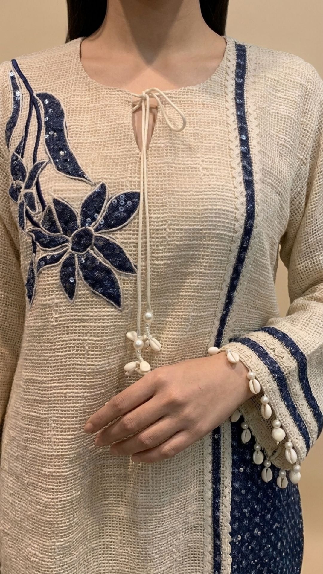 Blue and Beige Jute Coord Set with Sequins Work