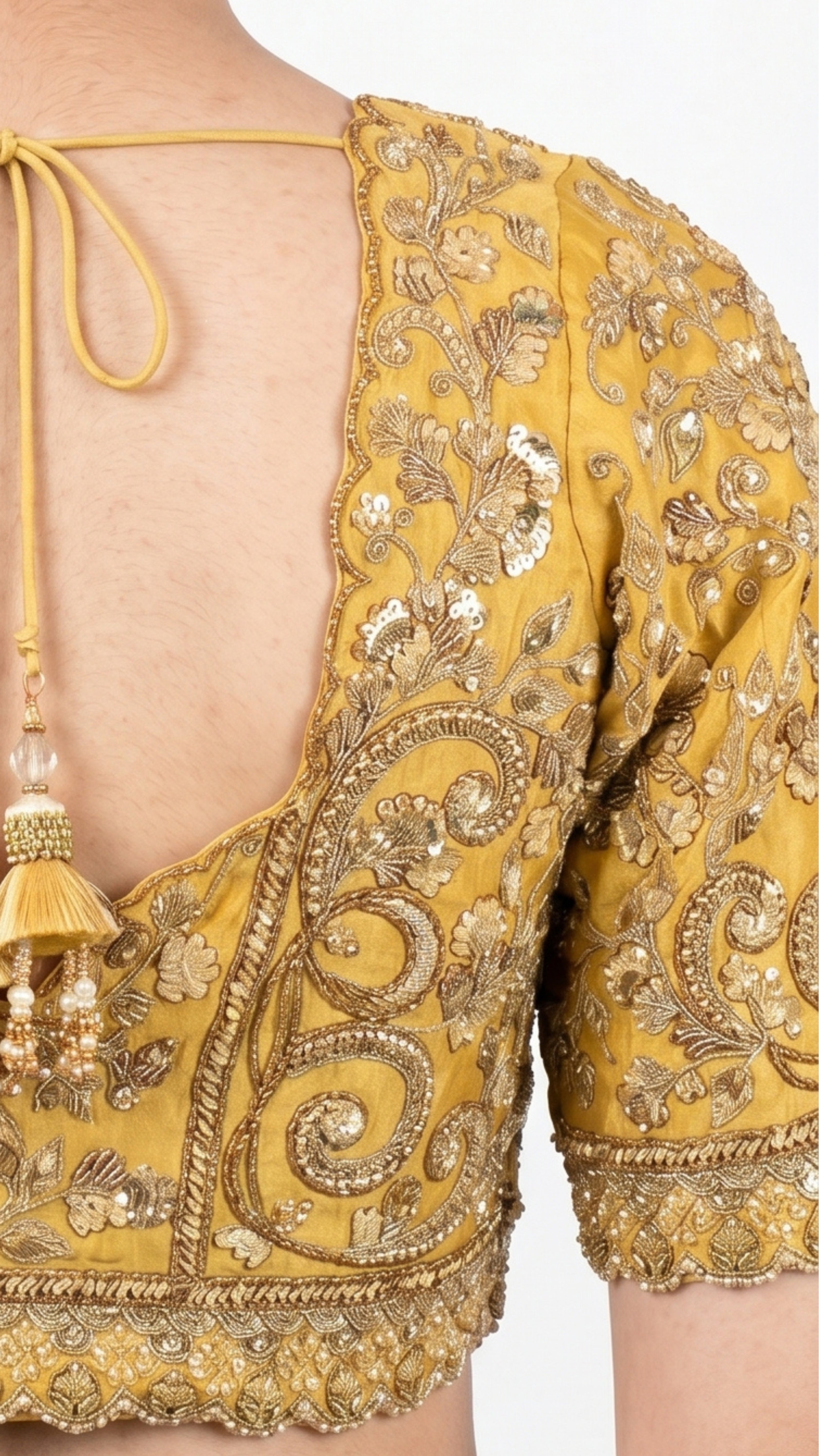 Yellow Silk Saree with Stitched Blouse and Zari, Cutdana & Sequins Work