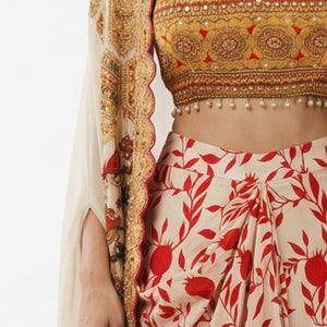 Beige & Red Digital Printed Crepe Top & Skirt with Cape Embellished with Moti, Sequins & Sippi