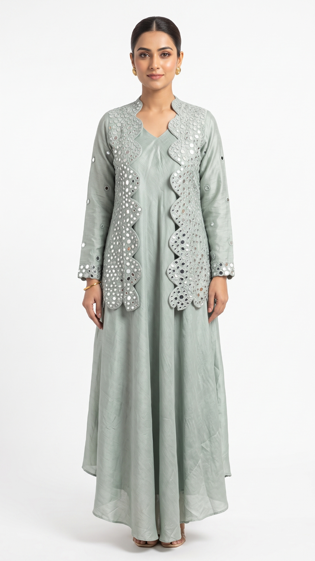 Saga Green Raw Silk Mirror Thread Work Sequins