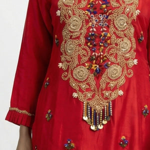 Red Dola Silk Suit Set with Zari, Pearl & Thread Detailing