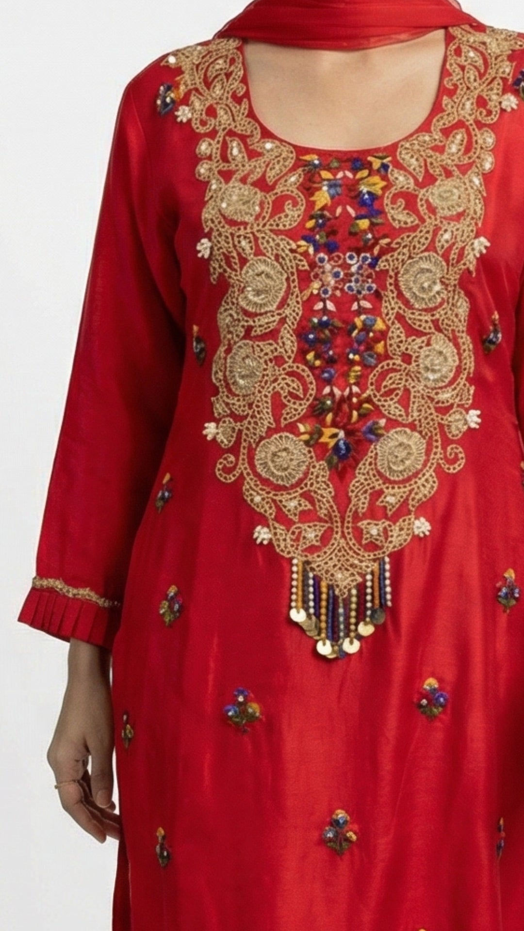 Red Dola Silk Suit Set with Zari, Pearl & Thread Detailing