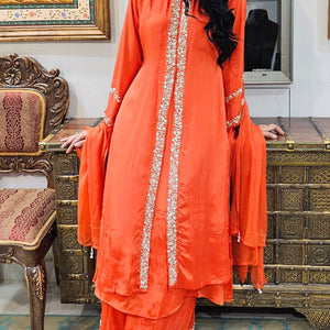 Orange Chinon Indowestern Top,Bottom and Dupatta with Swarovski,Sequins and Pearl Work