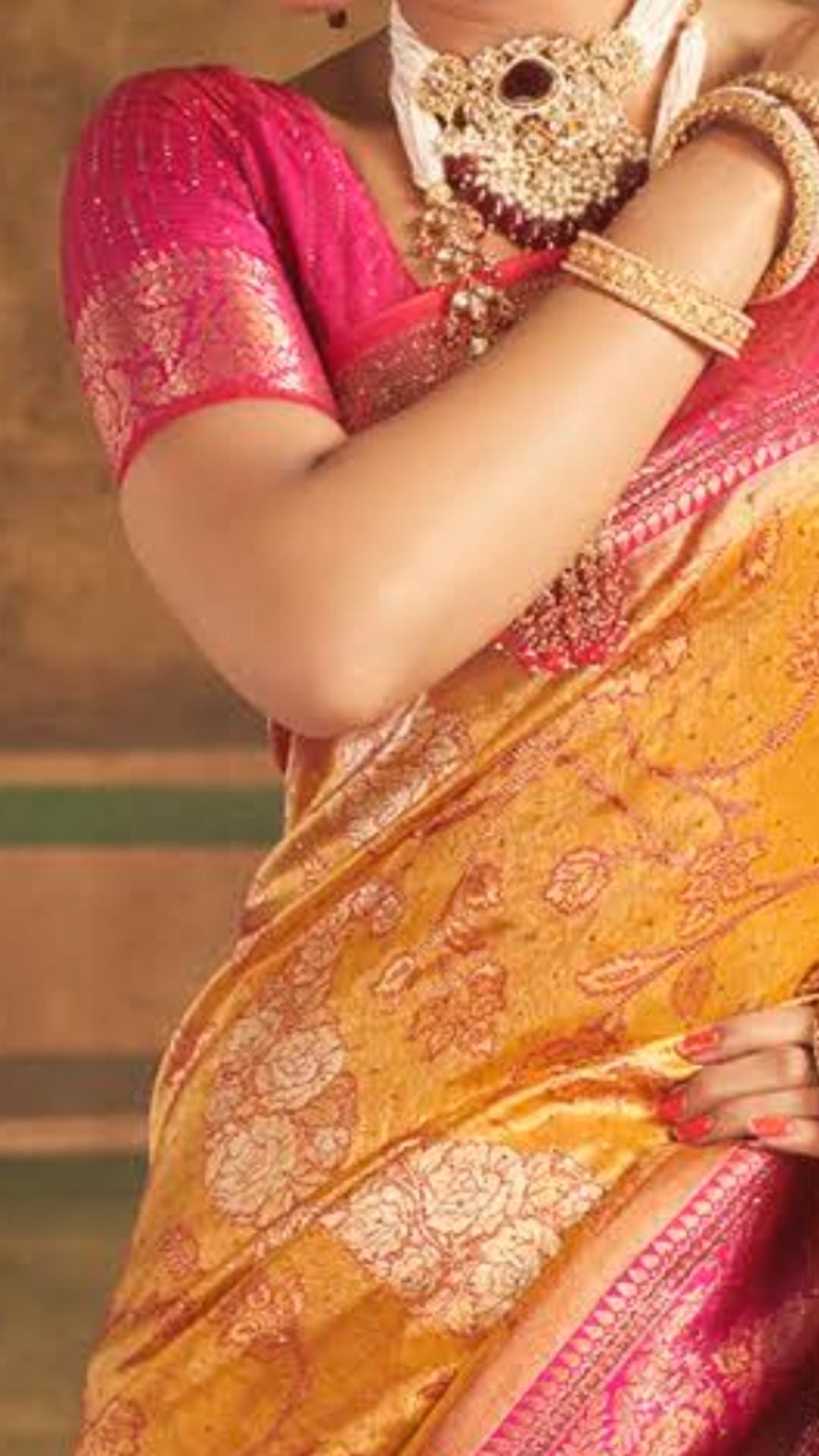 Pink and Mustard Kanjivaram Silk Saree with Swarovski Work