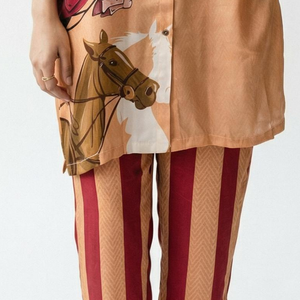 Beige Satin Crepe Coord Set with Digital Print Detailing