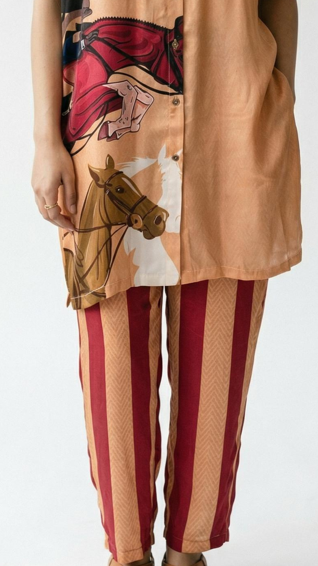 Beige Satin Crepe Coord Set with Digital Print Detailing
