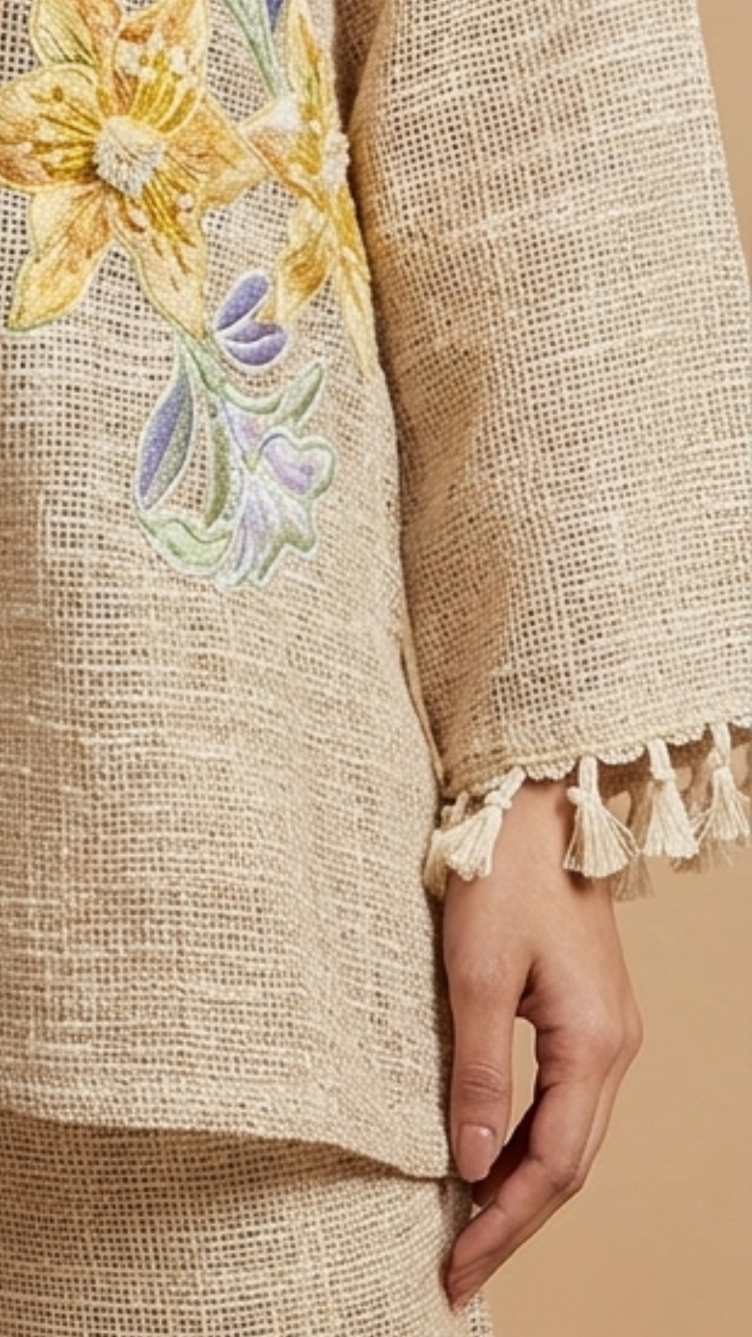 Beige and Cream Jute Embroidered Coord Set