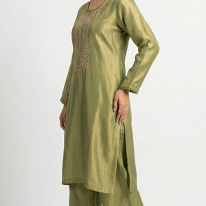 Green Tissue Suit Set with Cutdana, Sequins, Bead & Dabka Detailing