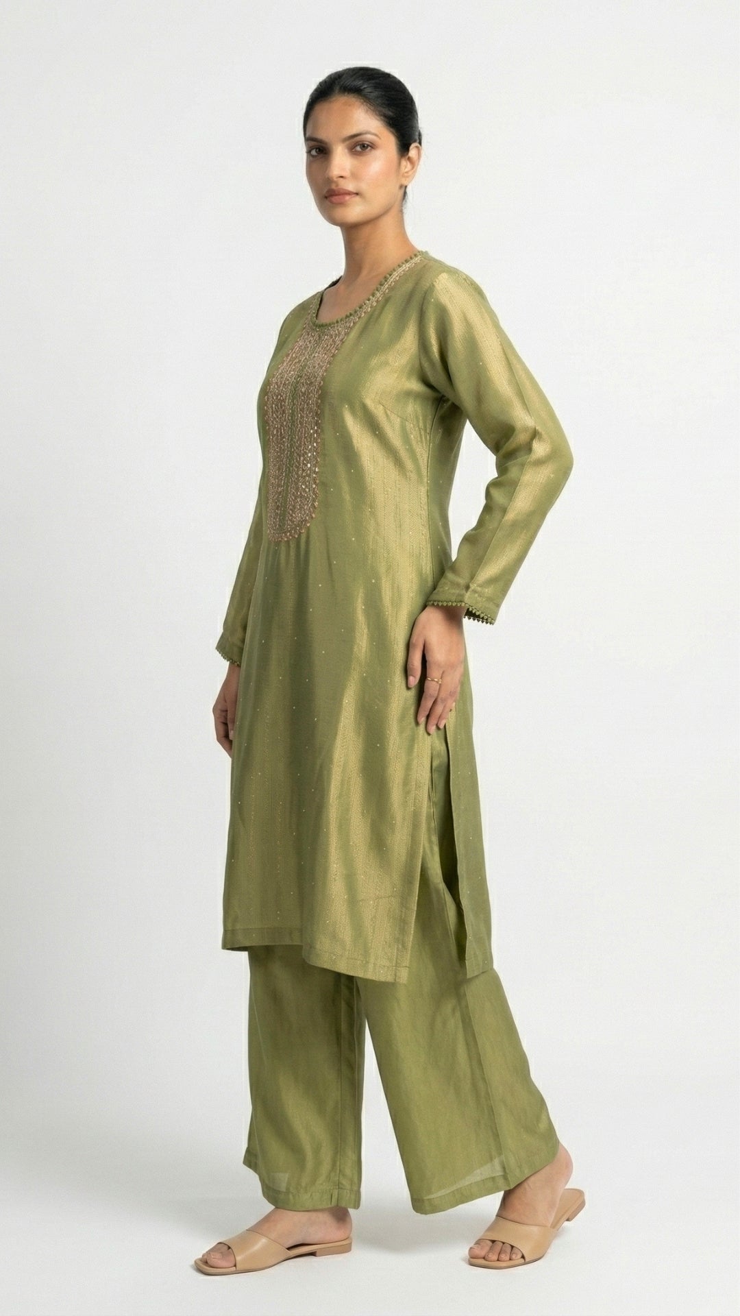 Green Tissue Suit Set with Cutdana, Sequins, Bead & Dabka Detailing