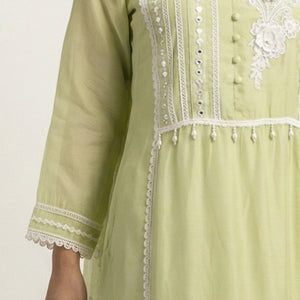Green Muslin Cotton Suit Set with Mirror & Lace Detailing