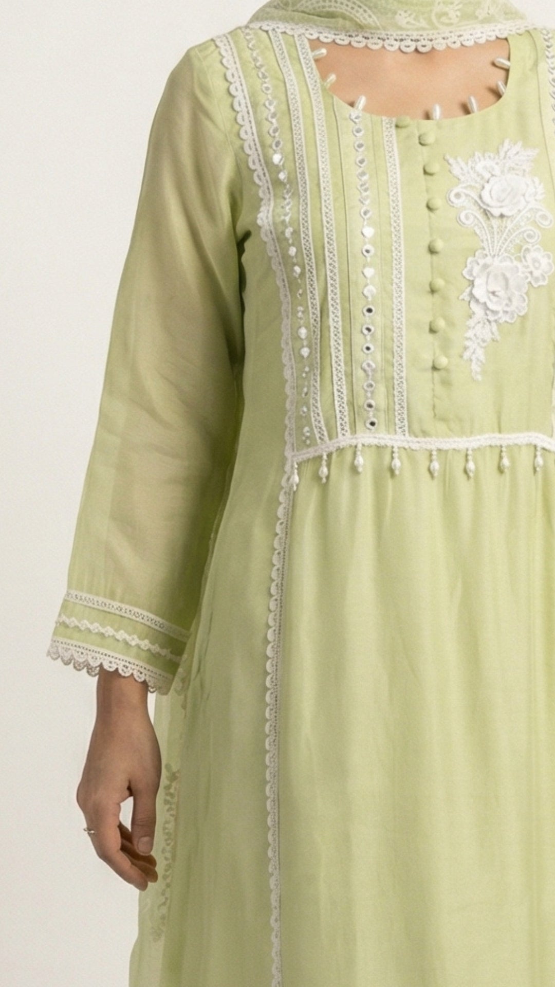 Green Muslin Cotton Suit Set with Mirror & Lace Detailing