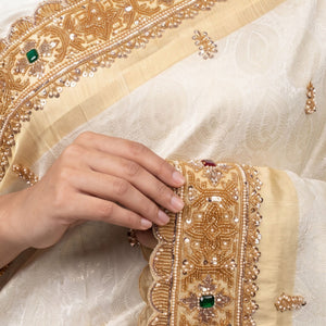Ivory Tissue Unstitched Saree Embellished With Sequins, Moti, Stone & Cutdana Work